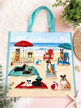 Dog Beach Tote Bag Cute Summer Dogs Print Reusable Shopper Large